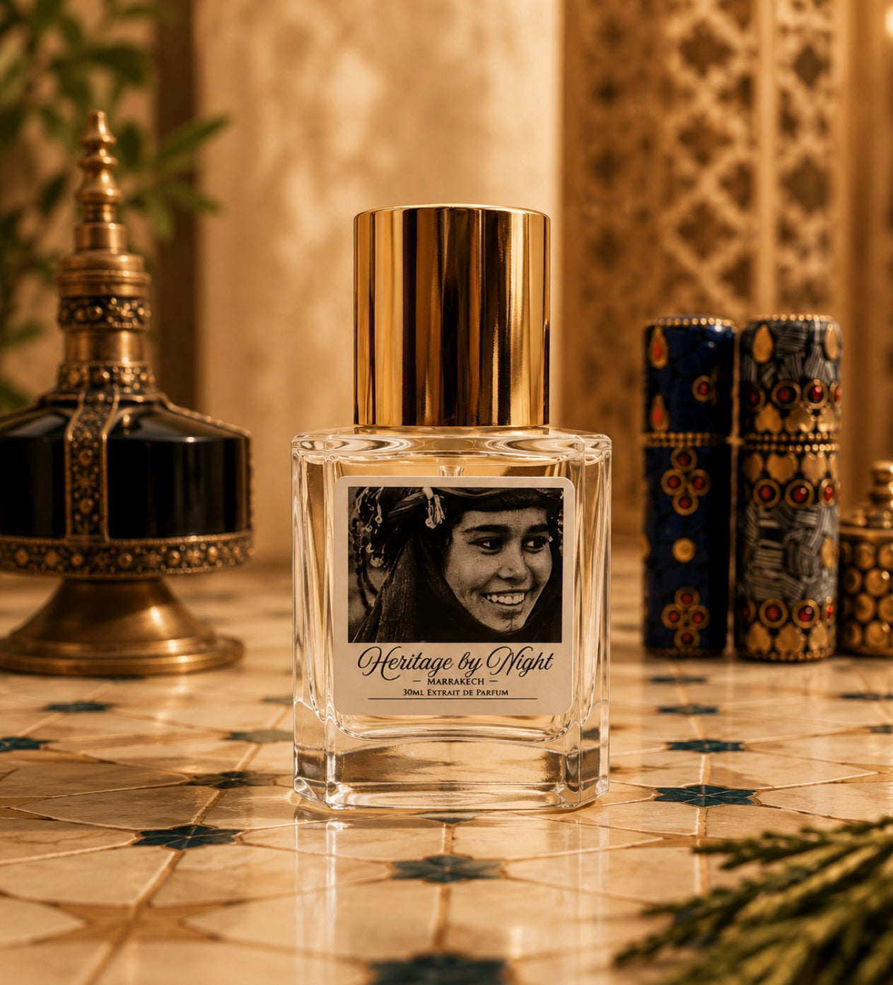 A clear glass perfume bottle with a shiny gold cap stands on a patterned tile surface. The bottle label reads 'Heritage by Night' with a black-and-white portrait photo.